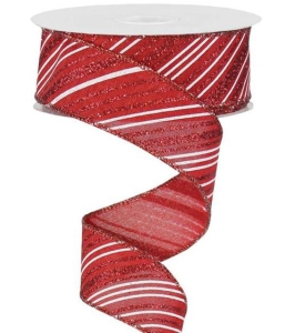 2.5 Inch Red & White Wired Christmas Ribbon w/ Red Edges - Red and White Striped Metallic Glittered, 2.5 Inch x 10 Yards (Lot of 1 Spool) SALE ITEM