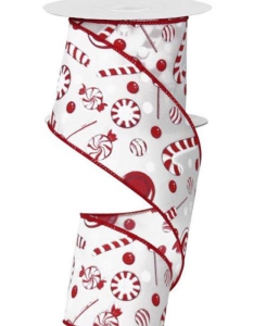 2.5 Inch Red White Striped Peppermint Christmas Candy w/ Glitter Wired Ribbon, 2.5 Inch x 10 Yards (Lot of 1 Spool) SALE ITEM