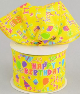2.5 Inch Happy Birthday Wired Ribbon, Yellow / Multi-Color, 2.5 Inch x 10 Yards (1 Spool) SALE ITEM