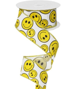 1.5 Inch Yellow Smiley Faces - Wired Edge Ribbon, White / Yellow, 1.5 Inch, (10 Yards) SALE ITEM