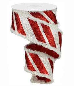 2.5 Inch Red & White Wired Christmas Ribbon w/ White Edges - Red with White Metallic Glitter Diagonal Stripe and Fuzzy Edges, 2.5 Inch x 10 Yards (Lot of 1 Spool) SALE ITEM