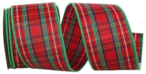 Wired Christmas Ribbon w/ Green Edges - Tradition EZ Plaid Pattern 2.5 inch x 10 Yards (Lot Of 1 Spool) MADE IN USA - SALE ITEM