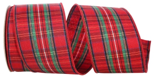 Wired Christmas Ribbon w/ Red Edges - Tradition EZ Plaid Pattern 2.5 inch x 10 Yards (Lot Of 1 Spool) MADE IN USA - SALE ITEM