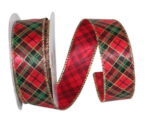 Wired Christmas Ribbon w/ Gold Edges - Argyle Diagonal Plaid Pattern 1.5 inch x 25 Yards (Lot Of 1 Spool) SALE ITEM
