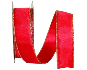 Wired Christmas Ribbon Red w/ Gold Metallic Edges -  1.5 inch x 25 Yards (Lot Of 1 Spool) SALE ITEM