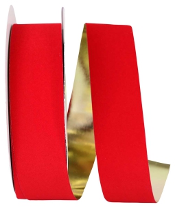 1.375 Inch Outdoor Medium Red Velvet Ribbon, Gold Metallic Back 25 Yards (1 Spool) MADE IN USA SALE ITEM