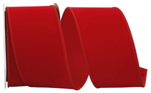 2.5 Inch Red Velvet Wired Ribbon, Red Embroidered Edges, 10 Yards (1 Spool) SALE ITEM