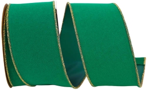 Green Velvet Wired Ribbon, Metallic Gold Edges 2.5 inch (10 yards/spool) MADE IN USA - SALE ITEM