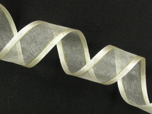 Organza Ribbon With Satin Edge and Gold Stripe , Ivory, 1-1/2 Inch x 25 Yards (1 Spool) SALE ITEM