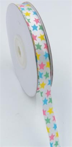 White/Pastel Stars Satin 3/8 x 25 yds., (1 spool) SALE ITEM