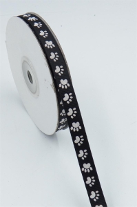 Printed " Paw Prints " Single Faced Grosgrain Ribbon, Black with White Paws, 7/8 Inch x 25 Yards (1 Spool) SALE ITEM