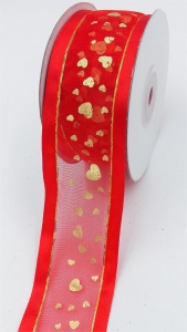 Red Organza Ribbon With Satin Edges and Gold Hearts, Valentine`s Day Ribbon, 1.5 Inch x 25 Yards (1 Spool) SALE ITEM