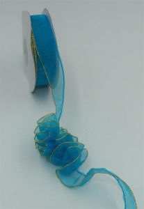 .875 Inch Lt. Turquoise Pull A Bow Ribbon With A Gold Stripe Accents, 7/8 Inch x 25 Yards (Lot of 1 Spool) SALE ITEM