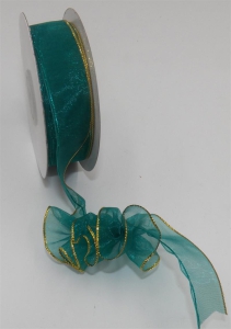 .875 Inch Jade Pull A Bow Ribbon With A Gold Stripe Accents, 7/8 Inch x 25 Yards (Lot of 1 Spool) SALE ITEM