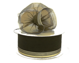 1.5 Inch Brown Organza Pull Bow Ribbon With 4 Rows of Gold Stripe Accents, 25 Yards (Lot of 1 Spool) SALE ITEM