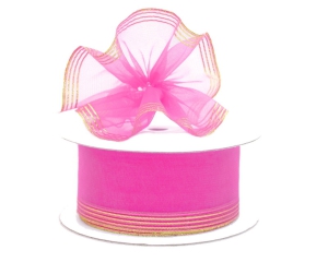 1.5 Inch Hot Pink Pull Bow Ribbon With 4 Rows of Silver Stripe Accents, 1.5 Inch x 25 Yards (Lot of 1 Spool) SALE ITEM