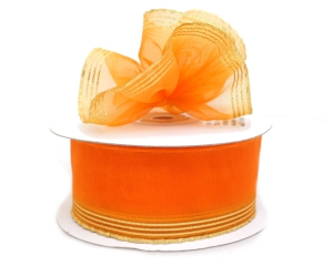1.5 Inch Orange Organza Pull Bow Ribbon With 4 Rows of Gold Stripe Accents, 25 Yards (Lot of 1 Spool) SALE ITEM