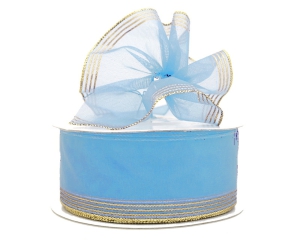 1.5 Inch Lt. Blue Pull Bow Ribbon With 4 Rows of Gold Stripe Accents, 1.5 Inch x 25 Yards (Lot of 1 Spool) SALE ITEM