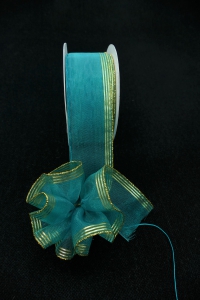 1.5 Inch Jade Pull Bow Ribbon With 4 Rows of Gold Stripe Accents, 1.5 Inch x 25 Yards (Lot of 1 Spool) SALE ITEM