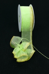 1.5 Inch Apple Green Pull Bow Ribbon With 4 Rows of Gold Stripes, 1.5 Inch x 25 Yards (Lot of 1 Spool) SALE ITEM