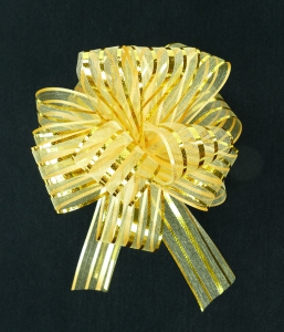 2" Wide Pull Bow Ribbon With 14 Loops - Gold Metallic Solid and Sheer Striped Pull Bow  (Lot of 1 Pack) SALE ITEM
