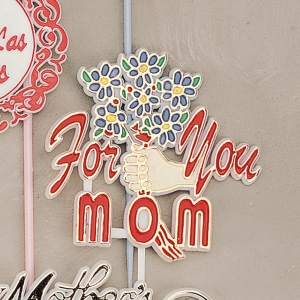 For You Mom Pick, Sign, Cake Topper - Red on White With Blue Flowers and Gold High lights (Lot of 12) SALE ITEM