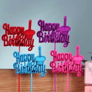 Happy Birthday With Candle and Cupcake Pick, Sign, Cake Topper - 4 Assorted Colors Blue, Purple, Red and Pink  (Lot of 12) SALE ITEM