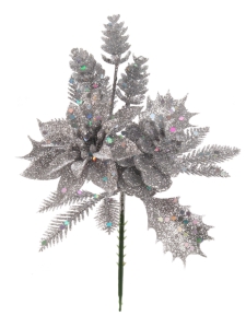 Silver Glittered Wreath Picks With Holly, Fern Leaves, Poinsettia and Pine Cones.  (Lot of 12 Picks) SALE ITEM
