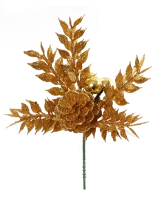 Gold Glittered Wreath Pick With Ruscus Leaves, A Pine Cone and 3 Balls (Lot of 12 Picks) SALE ITEM 