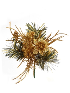 Gold Glittered Wreath Pick With Pine Sprigs, Cedar Sprigs, Flowers, A Pine Cone (Lot of 12 Picks) SALE ITEM