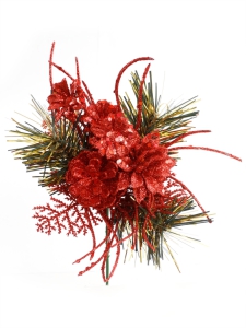 Red Glittered Wreath Pick With Pine Sprigs, Cedar Sprigs, Flowers, A Pine Cone (Lot of 12 Picks) SALE ITEM