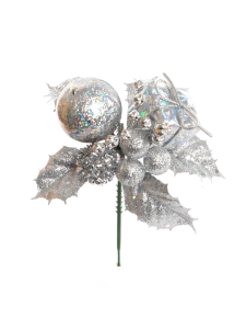 Silver Glittered Wreath Pick With Holly, 5 Balls And A Package (Lot of 12 Picks) SALE ITEM