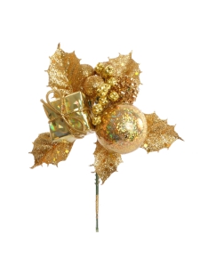Gold Glittered Wreath Pick With Holly, 5 Balls And A Package (Lot of 12 Picks) SALE ITEM