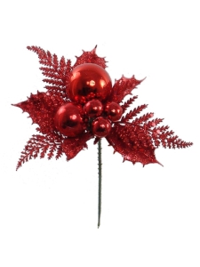 Red Glittered Wreath Pick With Holly Leaves, Cedar Sprigs and 5 Round Balls (Lot of 12 Picks) SALE ITEM