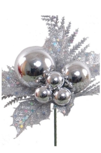 Silver Glittered Wreath Pick With Holly Leaves, Cedar Sprigs and 5 Round Balls (Lot of 12 Picks) SALE ITEM