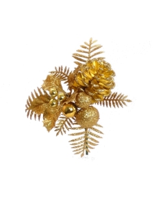 Gold Glittered Wreath Pick With Pine Cone and Holly Leaves.