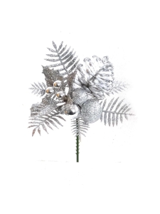 Silver Glittered Wreath Pick With Pine Cone and Holly Leaves.