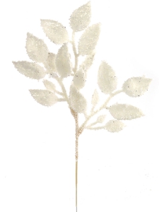 12.5 Inch White Flocked Salal Leaf Spray With Iridescent Glitter (Lot of 12 Sprays) SALE ITEM