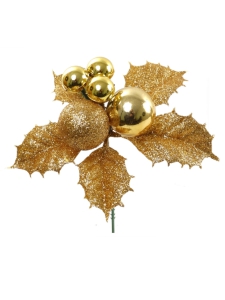 Gold Glittered Wreath Pick with 5 Holly Leaves and 3 balls of various sizes. (Lot of 12 Picks) SALE ITEM