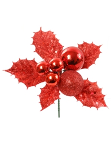 Red Glittered Wreath Pick with 5 Holly Leaves and 3 balls of various sizes. (Lot of 12 Picks) SALE ITEM