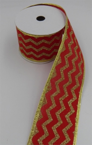 2.5 Inch Wired Christmas Ribbon with Gold Metallic Chevron Stripes on Red Faux Burlap, 2-1/2 In. X 10 Yds (Lot of 1 Spool) SALE ITEM