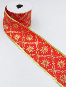 2.5 Inch Wired Christmas Ribbon with Gold Metallic Floral Motif on Red Satin, 2-1/2 In. X 10 Yds (Lot of 1 Spool) SALE ITEM