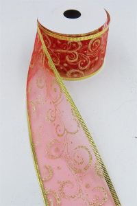 2.5 Inch Wired Christmas Ribbon with Gold Metallic Swirls on Red Organga, 2-1/2 In. X 10 Yds (Lot of 1 Spool) SALE ITEM