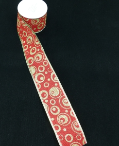 2.5 Inch Wired Christmas Ribbon with a Gold Metallic Circle Design on Red Faux Burlap, 10 Yds (Lot of 1 Spool) SALE ITEM