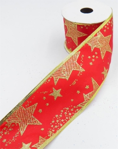 2.5 Inch Wired Christmas Ribbon with Gold Metallic Stars on White Satin, 2-1/2 In. X 10 Yds (Lot of 1 Spool) SALE ITEM
