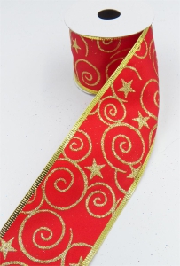 2.5 Inch Wired Christmas Ribbon with Gold Metallic Swirls & Stars on Red Satin, 2-1/2 In. X 10 Yds (Lot of 1 Spool) SALE ITEM