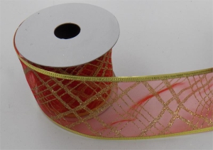2.5 Inch Wired Christmas Ribbon with Gold Metallic Crisscross Strip on Red Organga, 2-1/2 In. X 10 Yds (Lot of 1 Spool) SALE ITEM