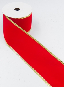 2.5 Inch Wired Christmas Ribbon, Red Velveteen With Metallic Gold Edges, 2-1/2 In. X 10 Yds (Lot of 1 Spool) SALE ITEM