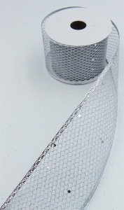 2.5 Inch Silver Mesh Christmas Ribbon With Wired Edges, 2-1/2 In. X 10 Yds (Lot of 1 Spool) SALE ITEM