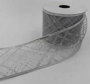 2.5 Inch Wired Christmas Ribbon with Silver Metallic Crisscross Strip on Silver Organga, 2-1/2 In. X 10 Yds (Lot of 1 Spool) SALE ITEM